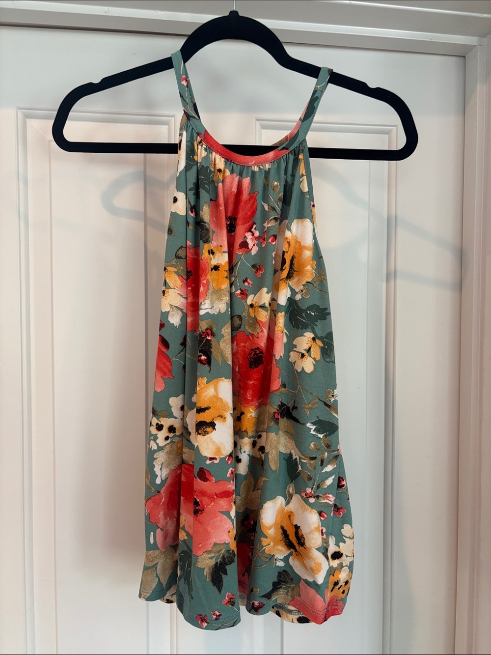 Papermoon Floral Halter Tank Top - Green with Red & Yellow Flowers